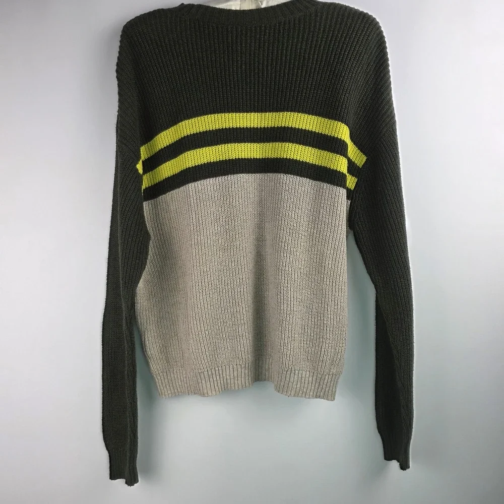 American‎ Eagle Sweater Men's M Green Gray Yellow Stripe Crew Neck Knit Pullover